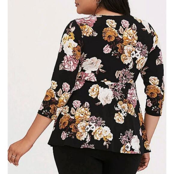 Torrid Womens Plus 2X 18/20 Black Floral Knit Wrap Peplum Top Shirt Fairy Grunge - Picture 2 of 13
